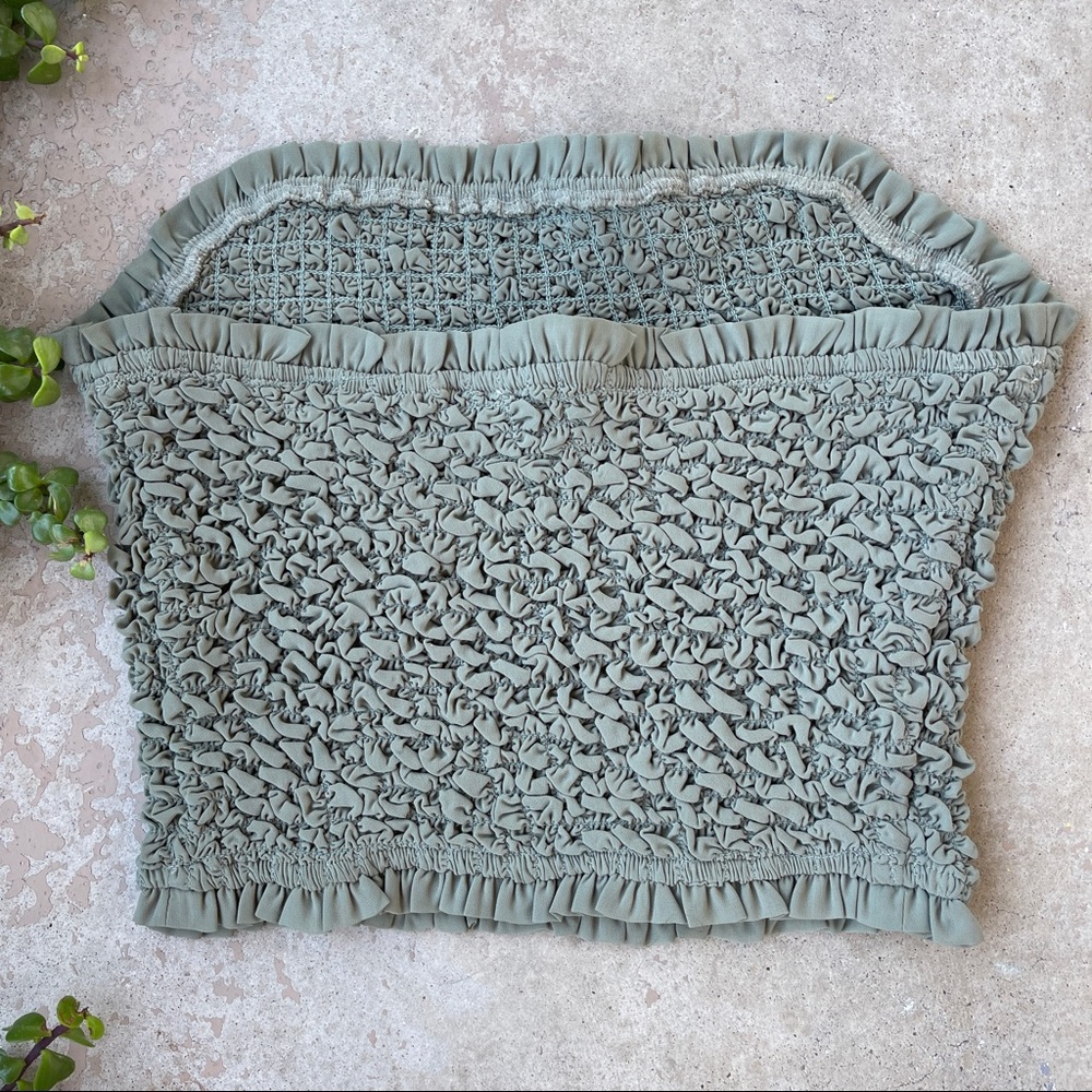 Ramy Brook Smocked Popcorn Stretch Tube Top in Olive, Fits a Large - Picture 3 of 4